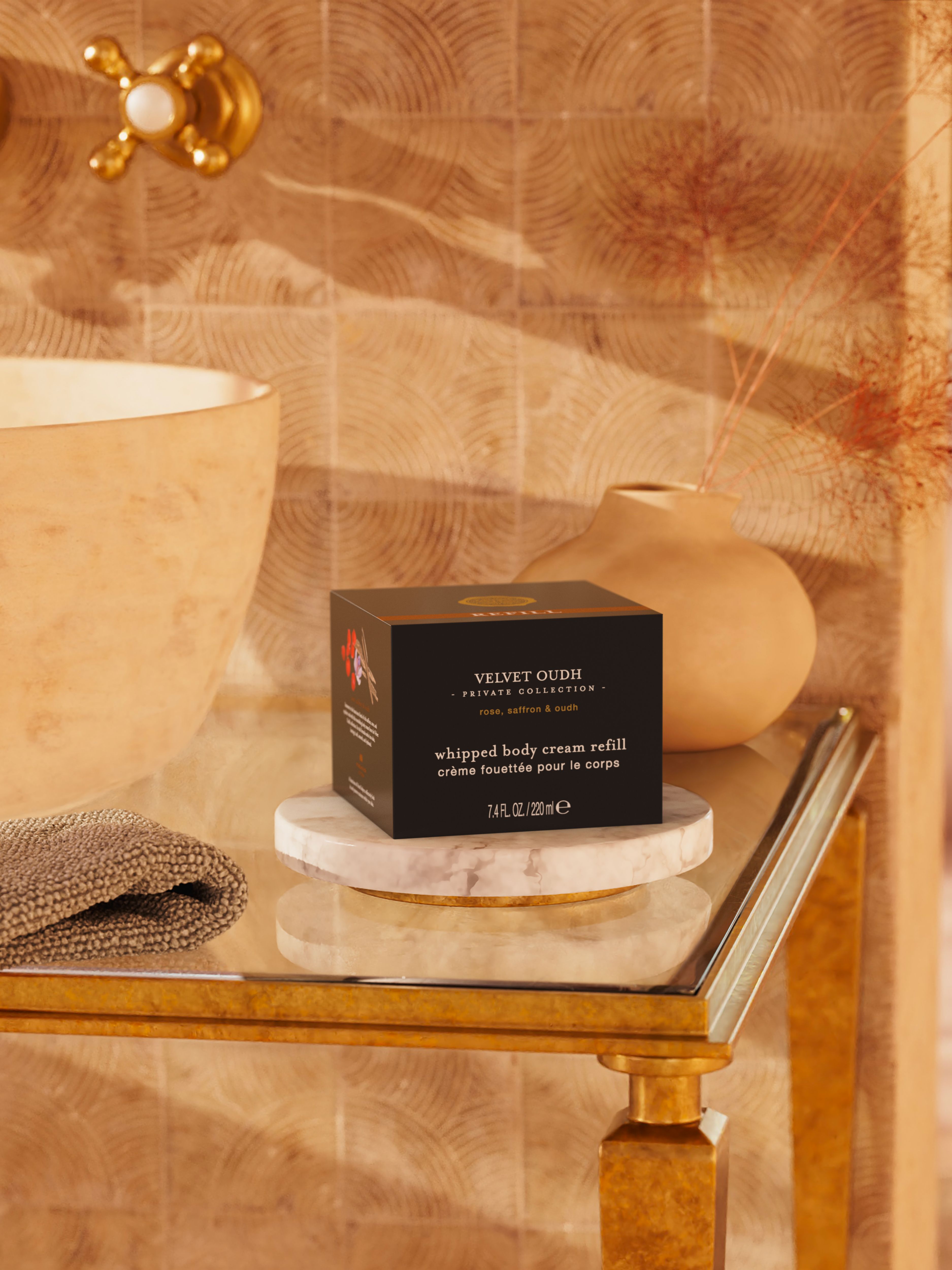 Velvet Oudh Body Cream Refill 220ml Lifestyle with Product