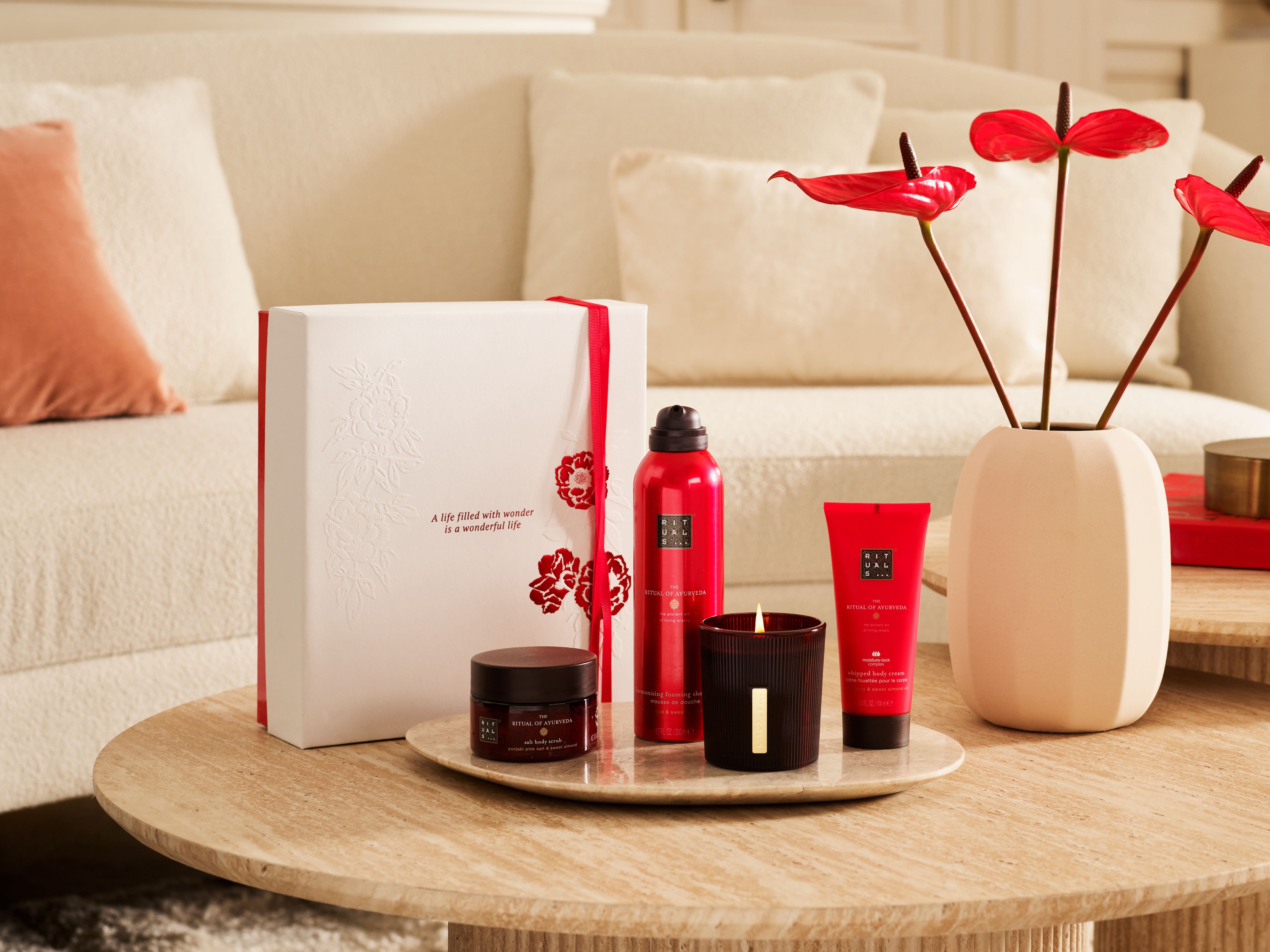foaming shower gel 200ml, body cream 100ml, body scrub 125g, scented candle 140g, ayurveda, Red, RITUALS