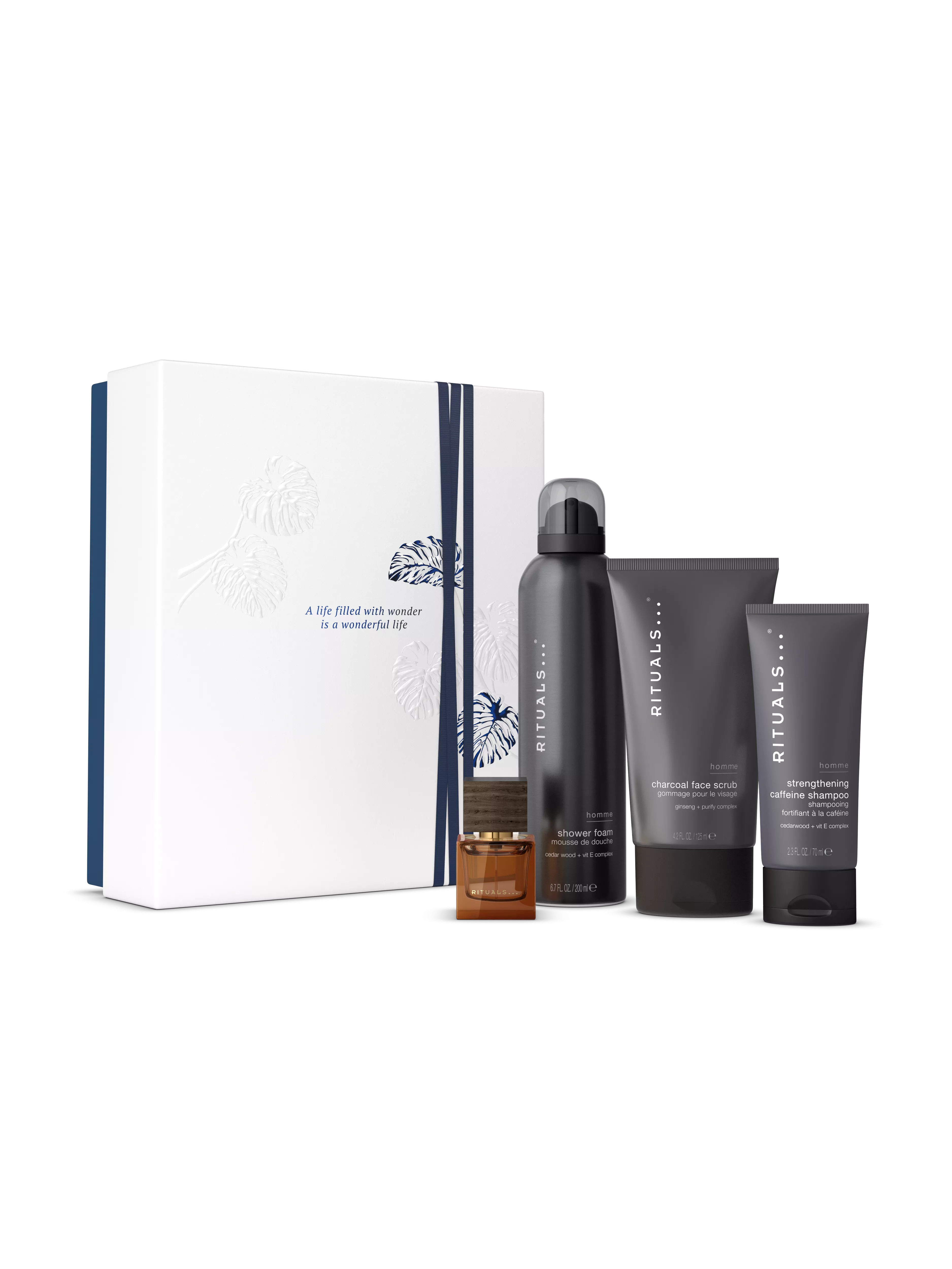 Duschschaum 200 ml, Shampoo 70 ml, Eau de Parfum 15 ml, Gesichtspeeling 125 ml, homme, Black, RITUALS