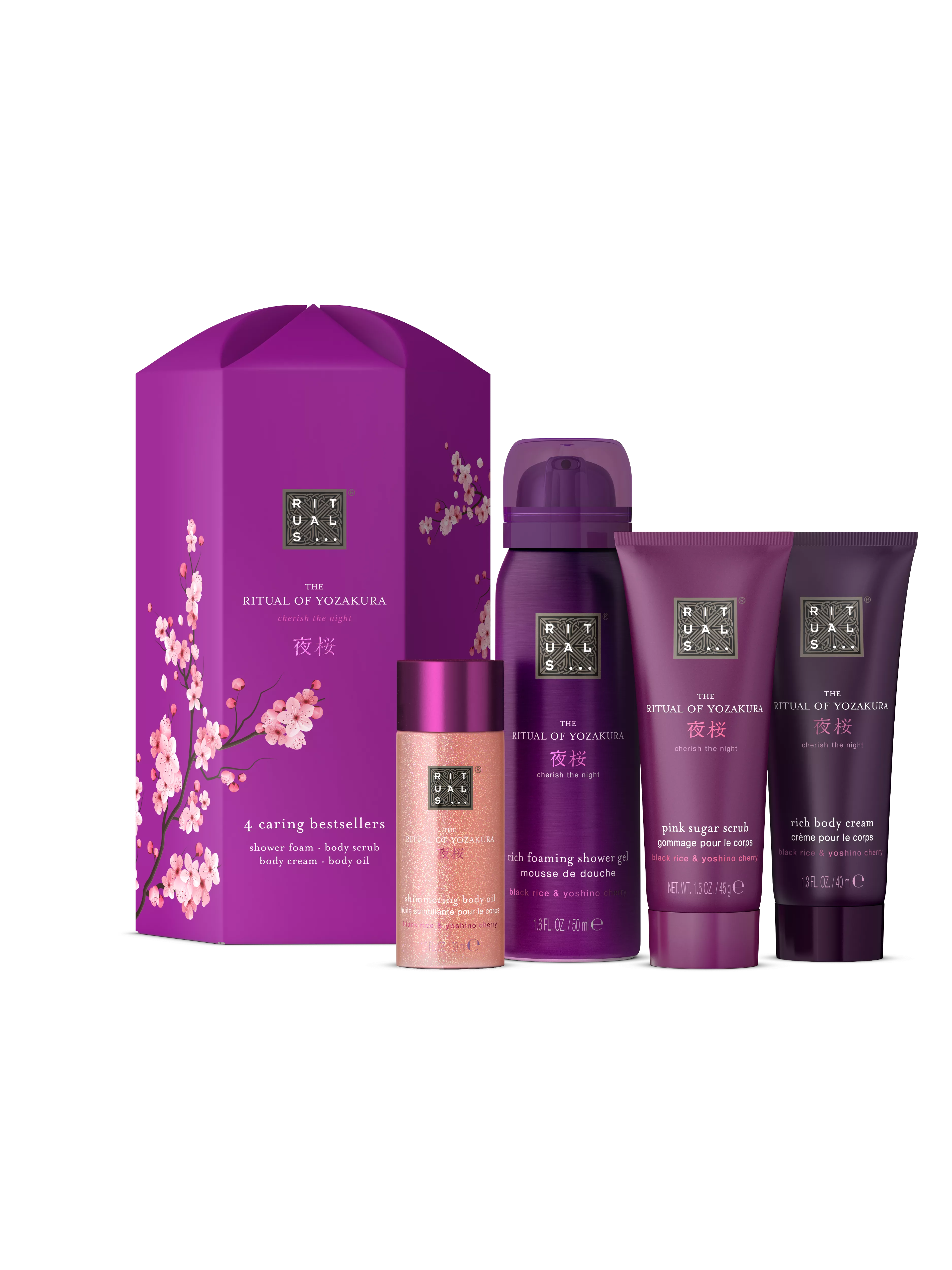 Duschschaum 50 ml, Körpercreme 40 ml, Rosa Peeling auf Zuckerbasis 45 g, Schimmerndes Körperöl 30 ml, yozakura, Purple, RITUALS