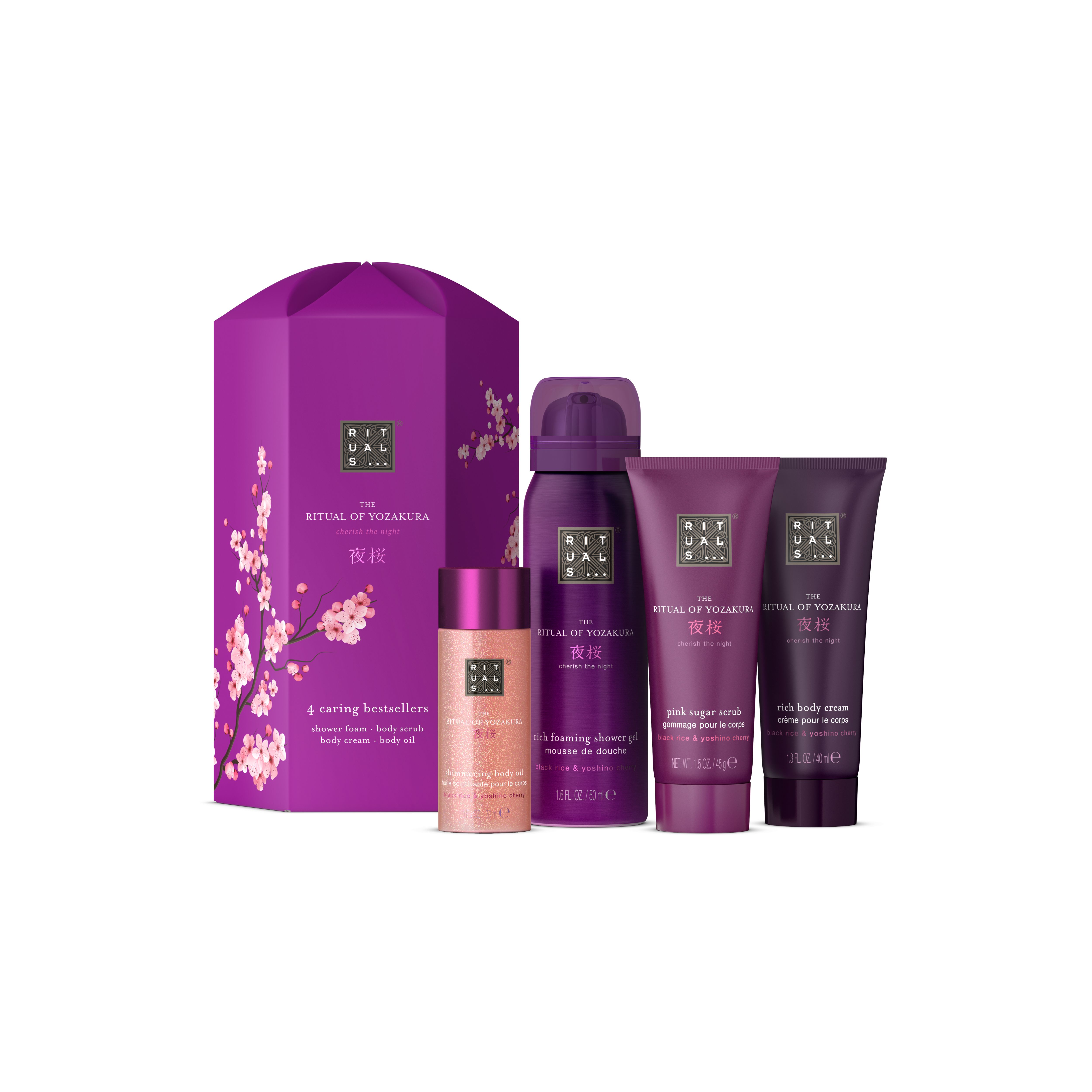 mousse de douche 50 ml, crème pour le corps 40 ml, gommage au sucre 45 g, huile pour le corps 30 ml, yozakura, Purple, RITUALS