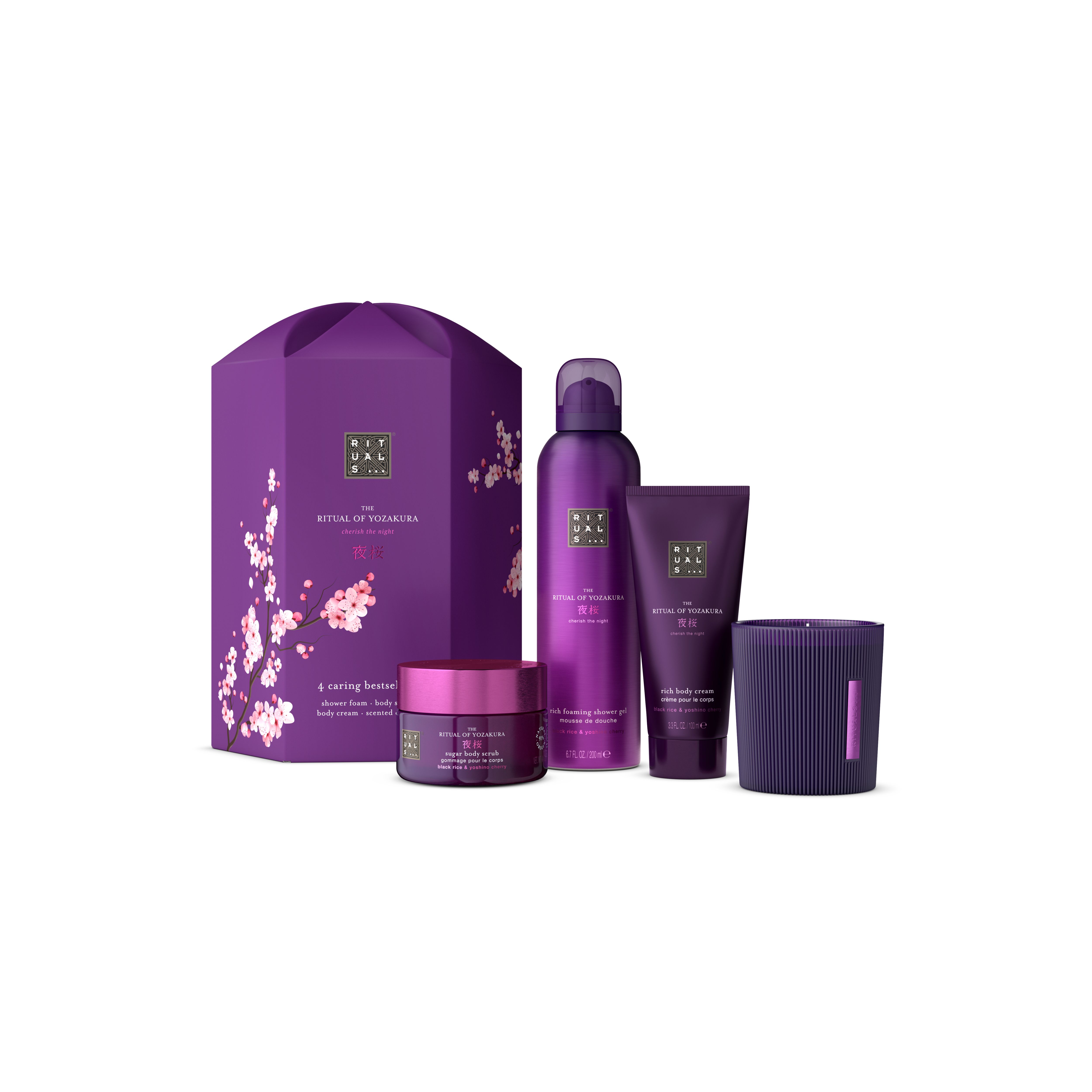 espuma de ducha 200 ml, crema corporal 100 ml, exfoliante corporal de azúcar 125 g, vela aromática 140 g, yozakura, Purple, RITUALS