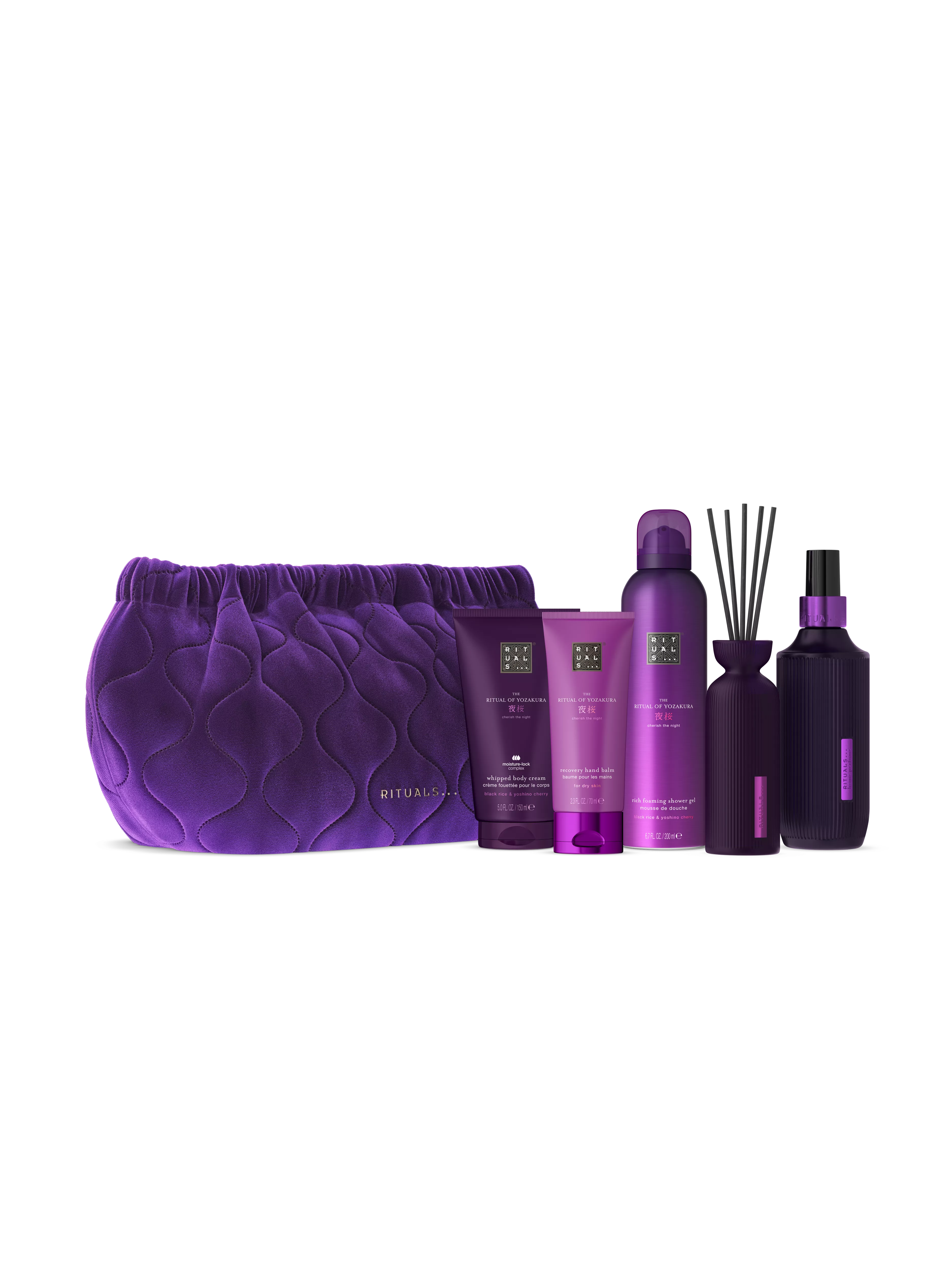 mousse de douche 200 ml, crème pour le corps 150 ml, parfum d’intérieur 200 ml, mini bâtonnets parfumés 70 ml, baume pour les mains 70 ml, yozakura, Purple, RITUALS