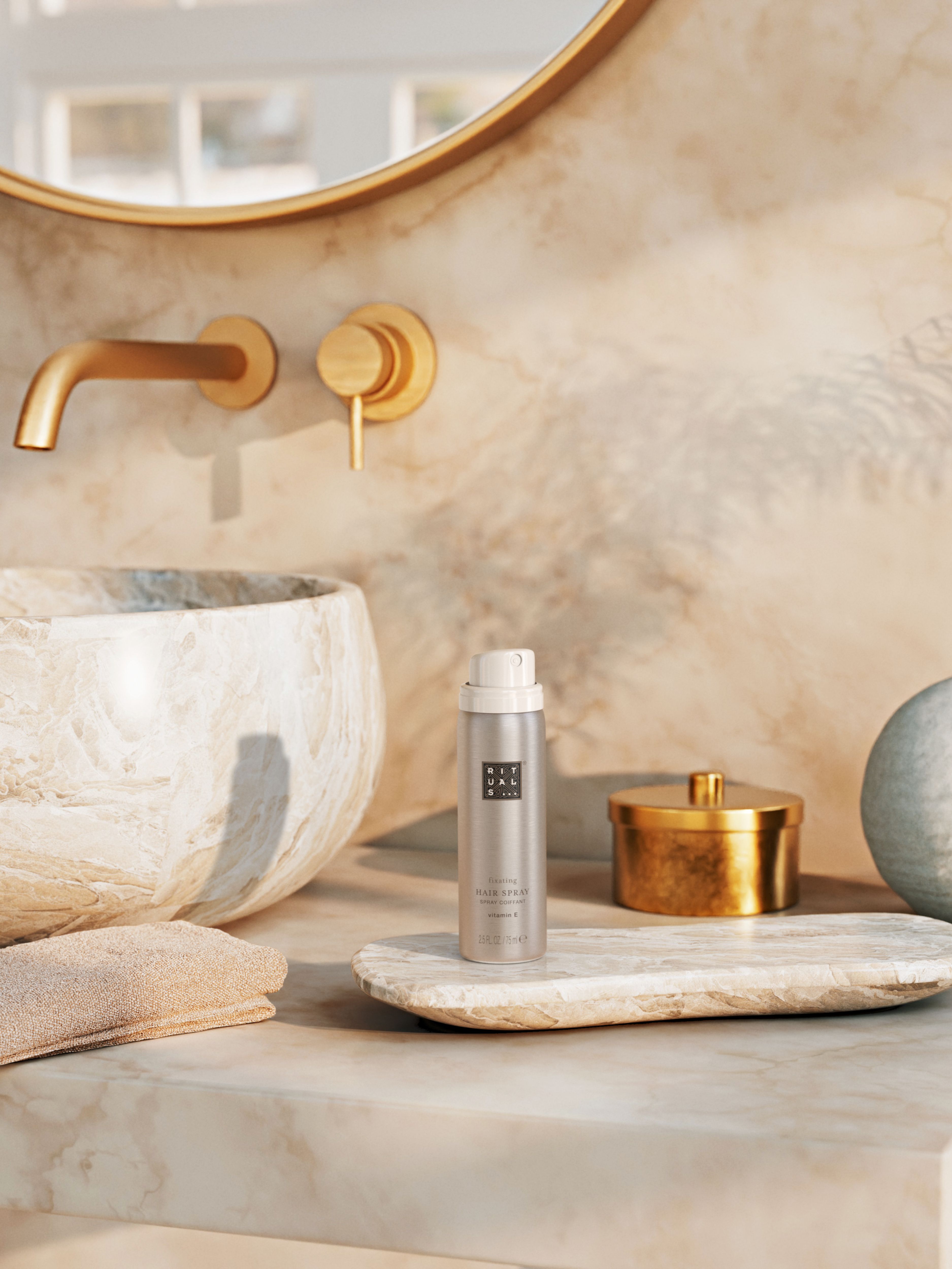 Elixir Collection Fixating Hairspray 75ml Lifestyle with Product