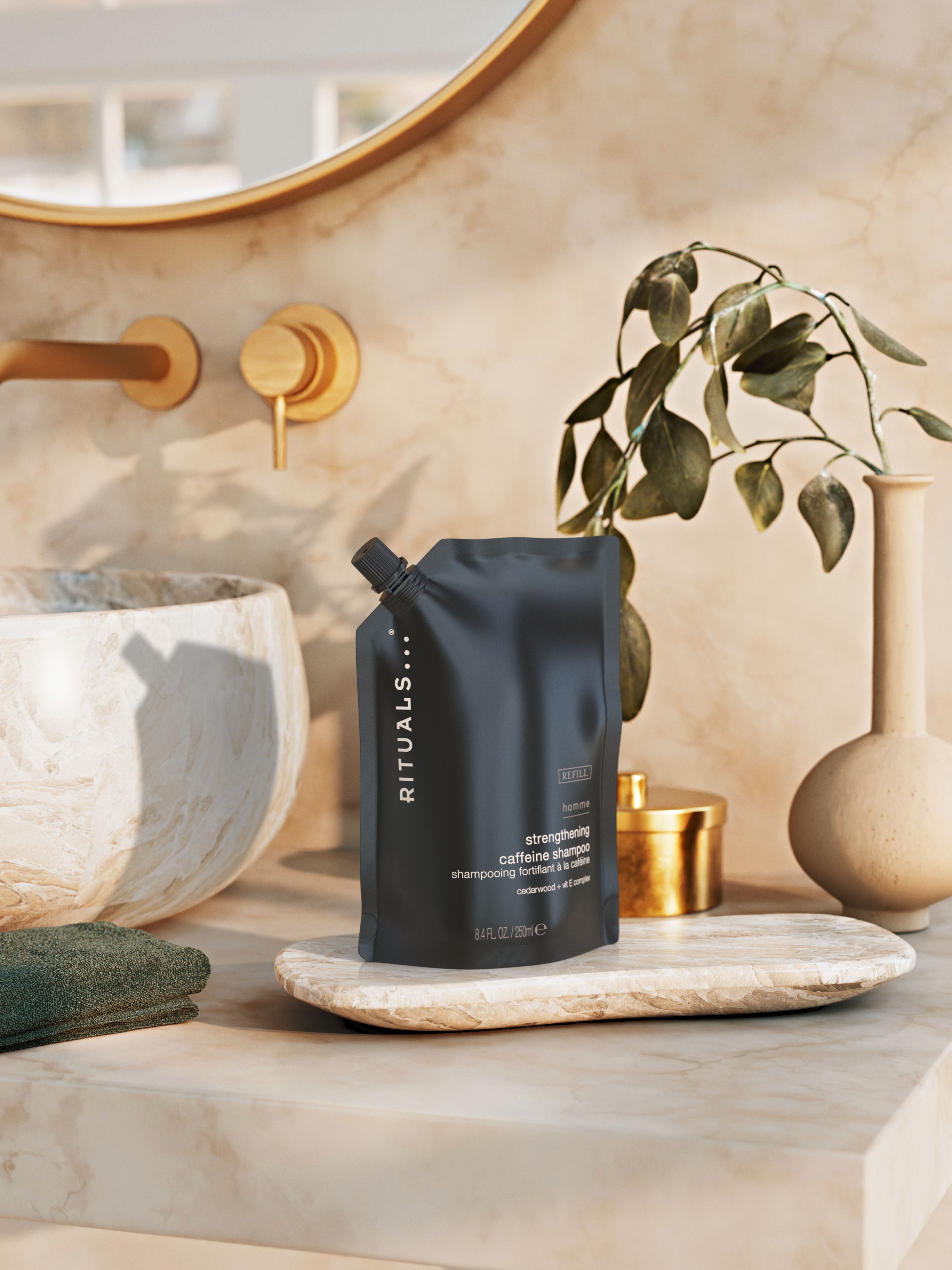 Homme Strengthening Caffeine Shampoo Refill 250ml Lifestyle with Product