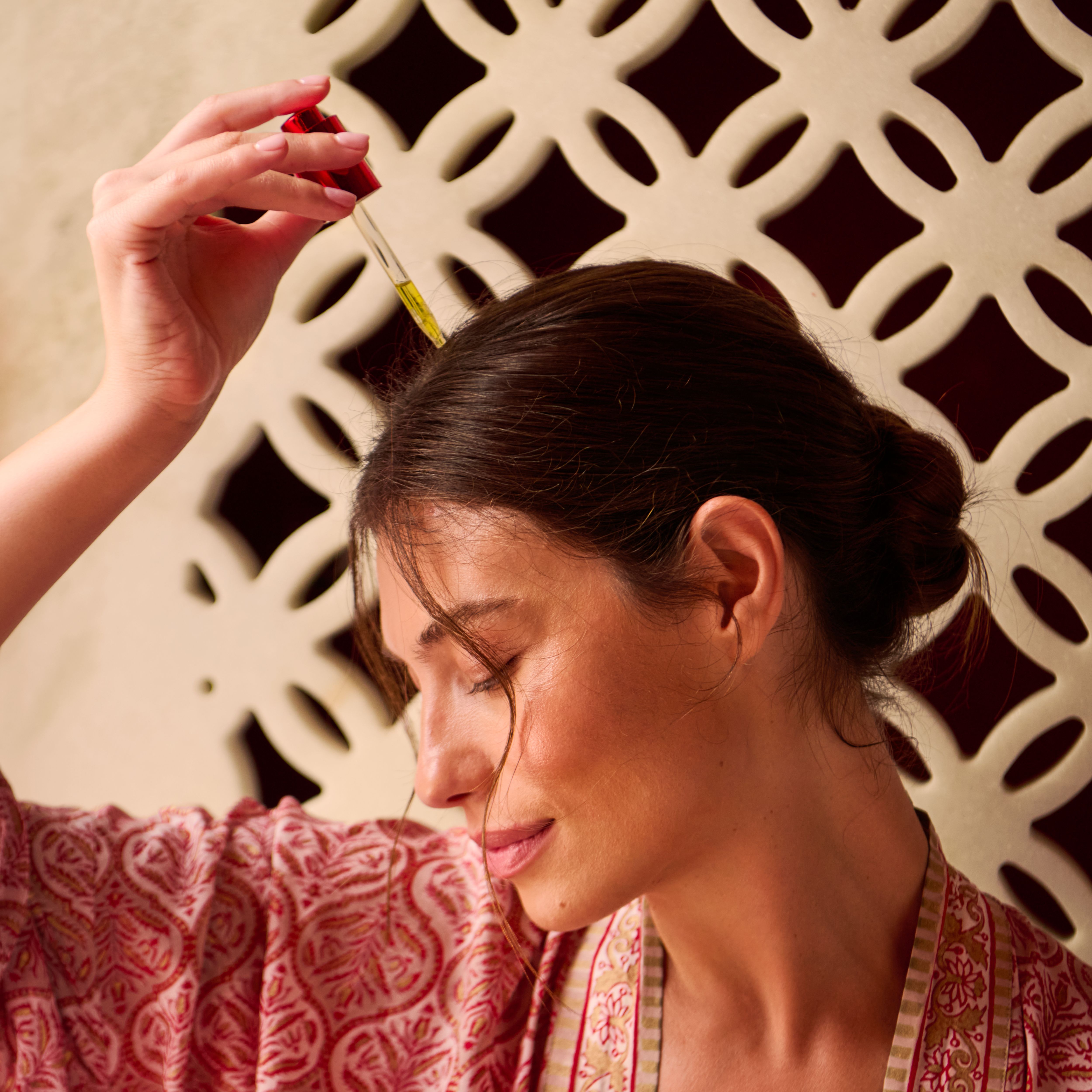 The Ritual of Ayurveda Pre-wash Hair & Scalp Oil 50ml Lifestyle with Model and Packshot