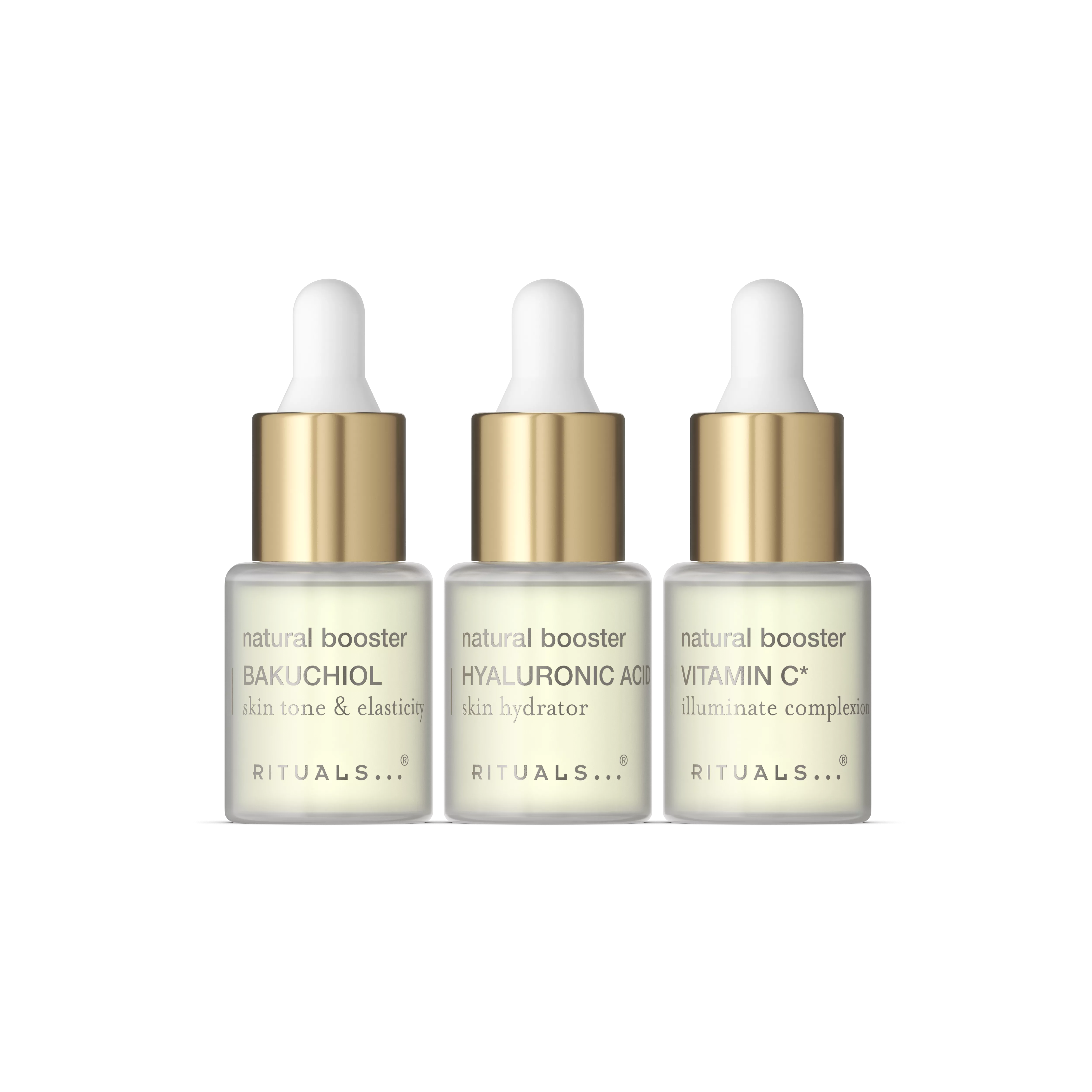 serum z naravnim bakuchiolom 6,5 ml, serum z naravno hialuronsko kislino 6,5 ml, serum z naravnim vitaminom C 6,5 ml, namaste, White, RITUALS