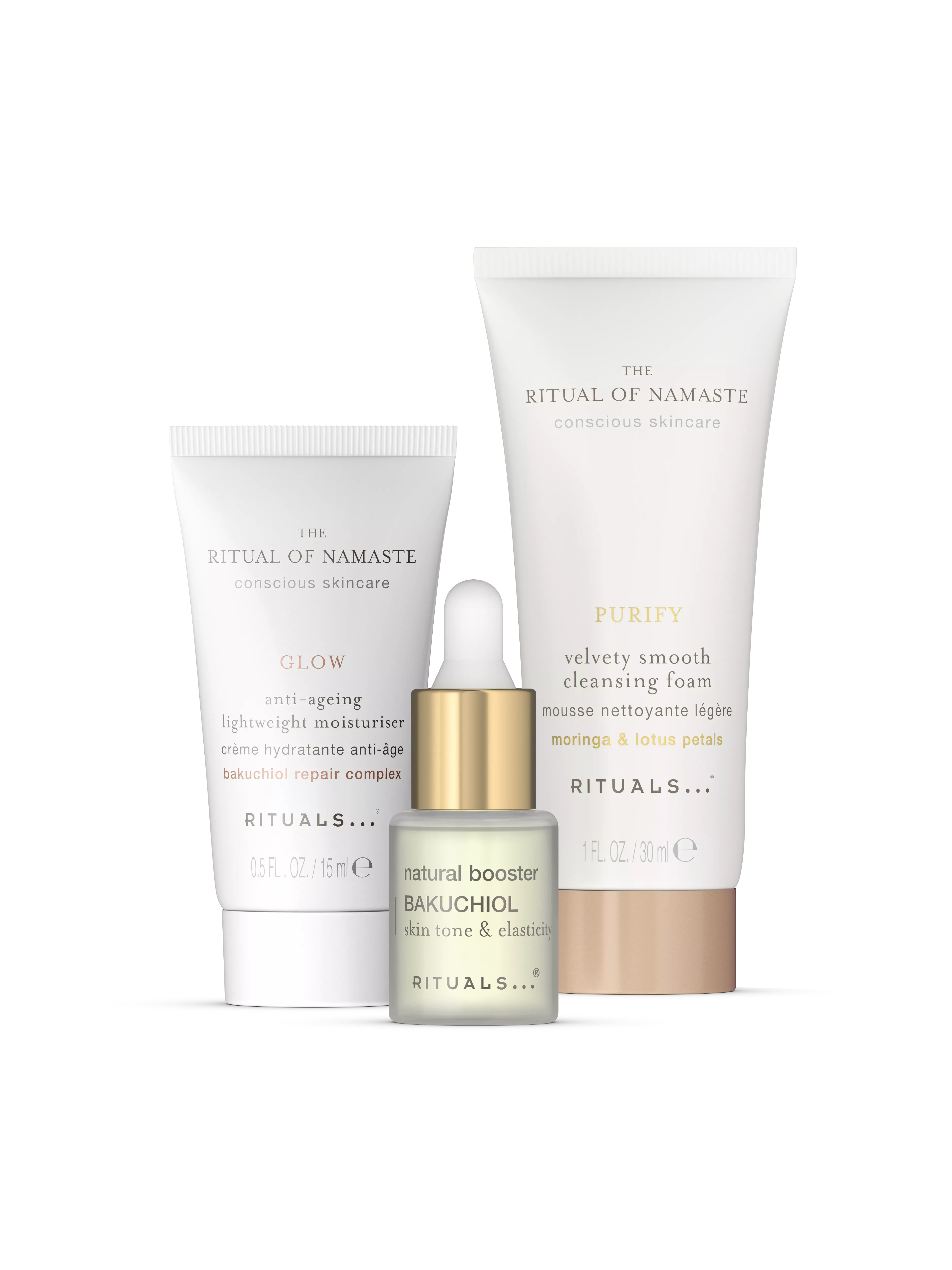 Leichte Feuchtigkeitspflege 15 ml, natürliches Bakuchiol Serum 6,5 ml, Reinigungsschaum 30 ml, namaste, White, RITUALS