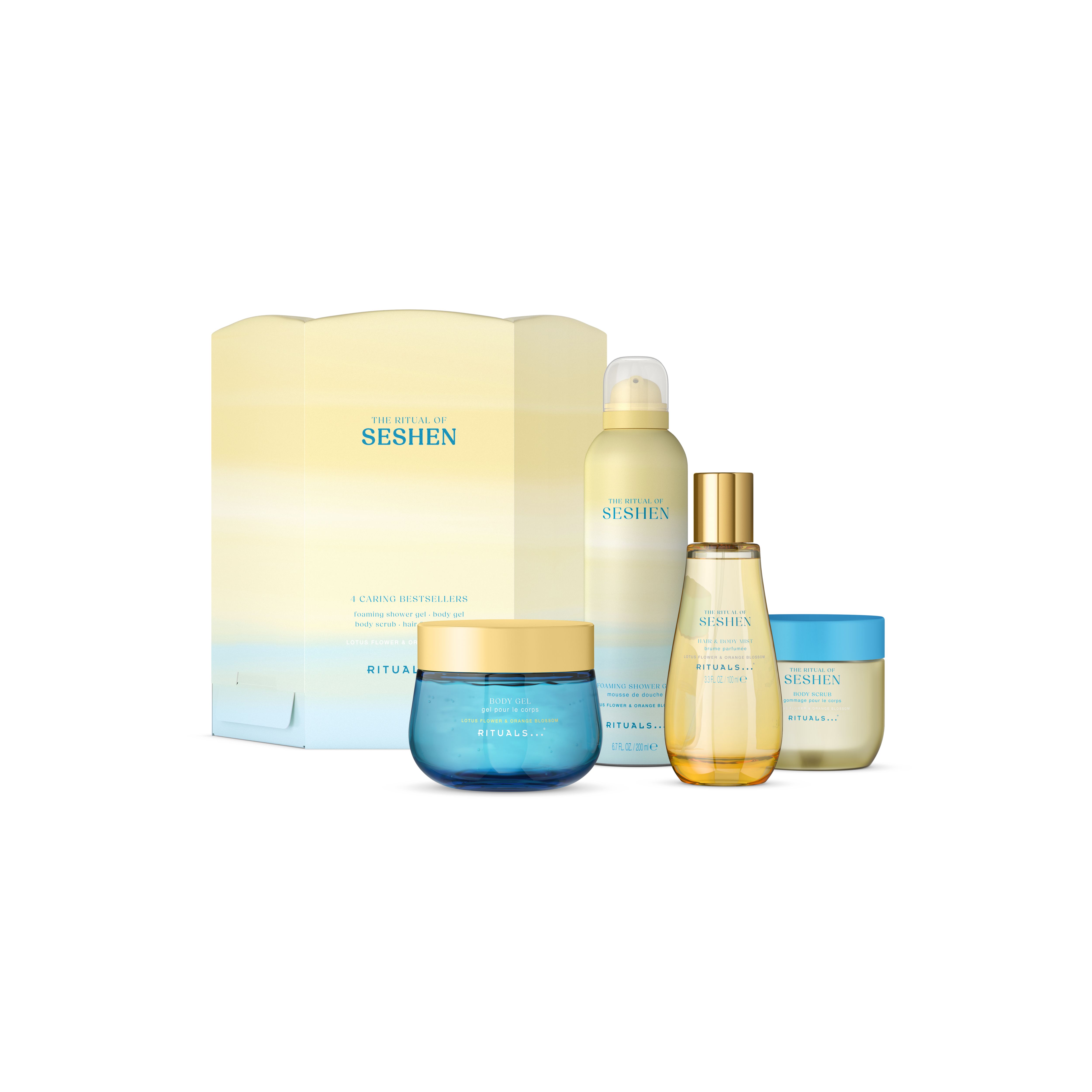gel de ducha en espuma 200 ml, exfoliante corporal 150 g, gel corporal 200 ml, bruma para el cuerpo y el cabello 100 ml, seshen, Yellow, RITUALS