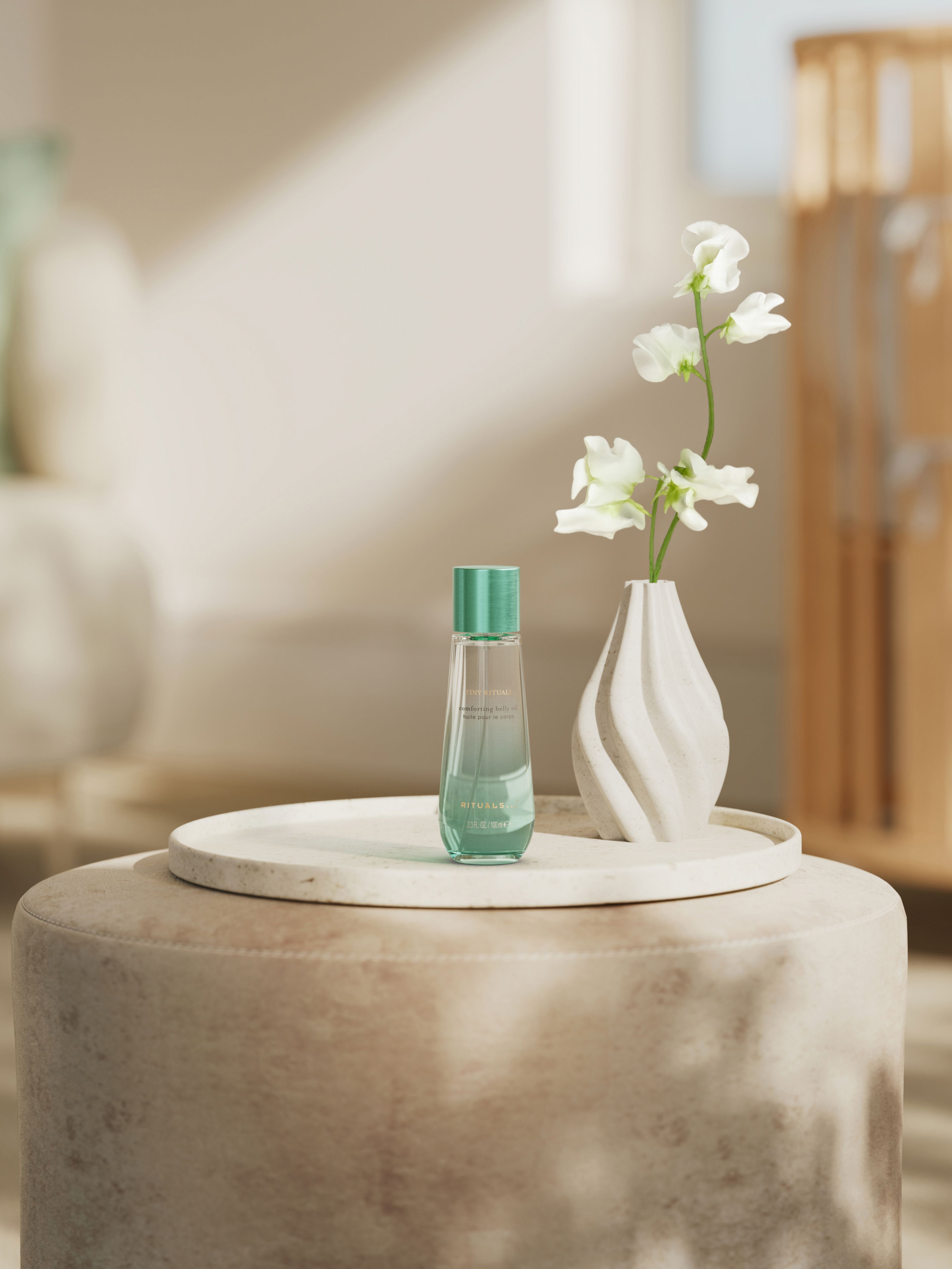 Tiny Rituals Comforting Belly Oil 100ml Lifestyle with Product