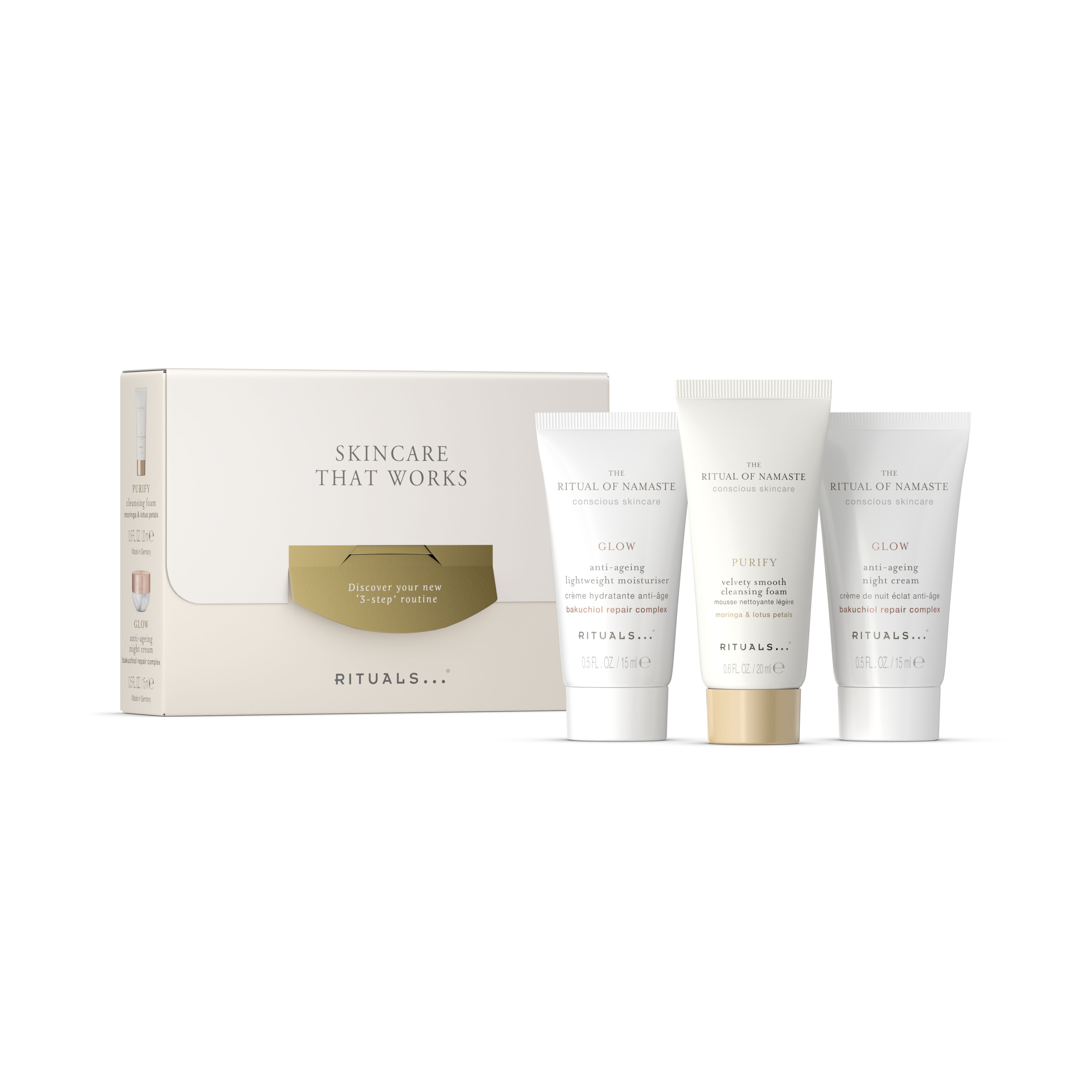 cleansing foam 20ml, lightweight moisturiser 15ml, anti-ageing night cream 15ml, namaste, RITUALS