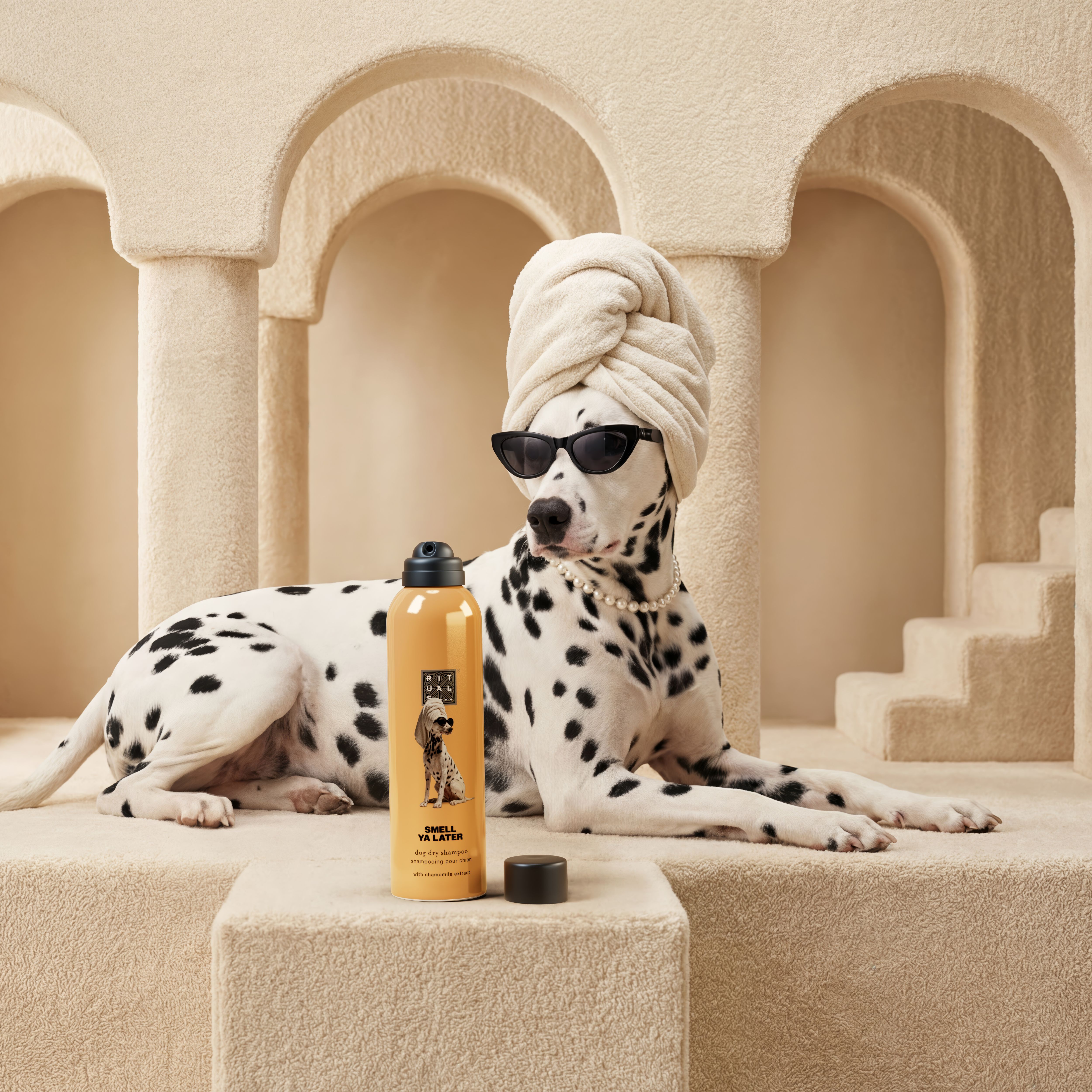 Dog Dry Shampoo Lifestyle with Model and Packshot