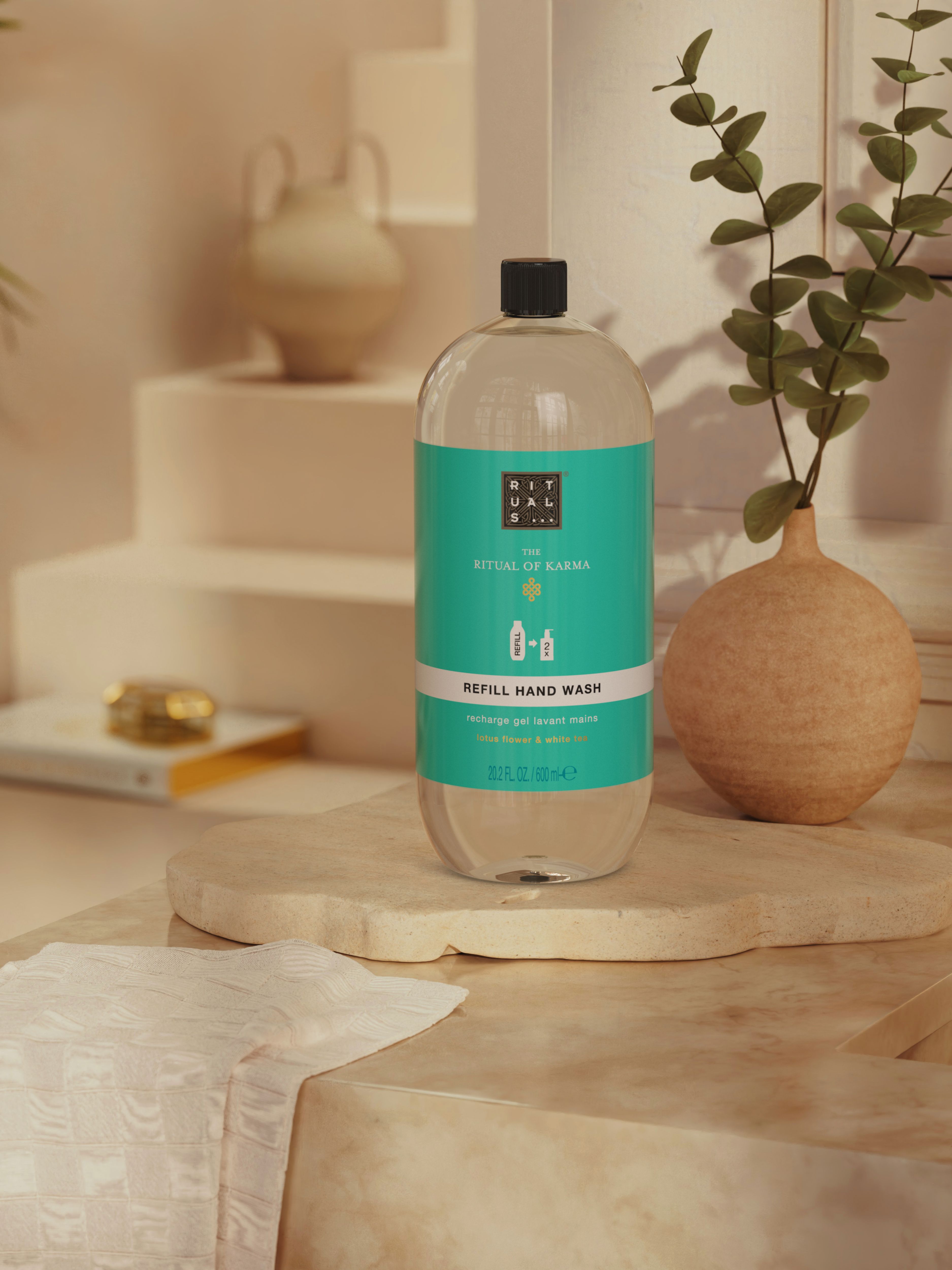 The Ritual of Karma Refill Hand Wash 600ml Lifestyle with Product