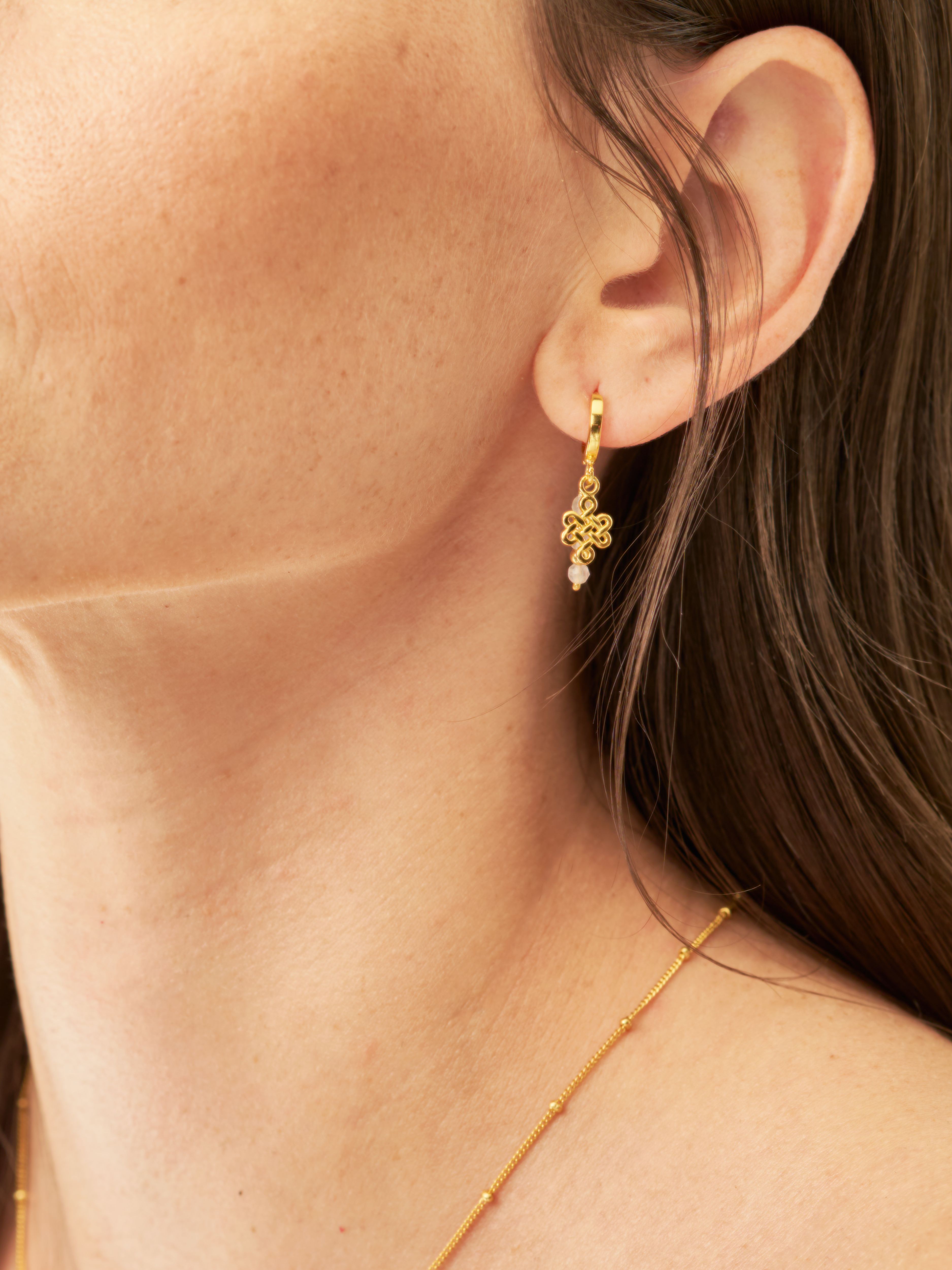 Rose Quartz Infinity Hoops Round Earrings Gold Plated Studio with Model and Product