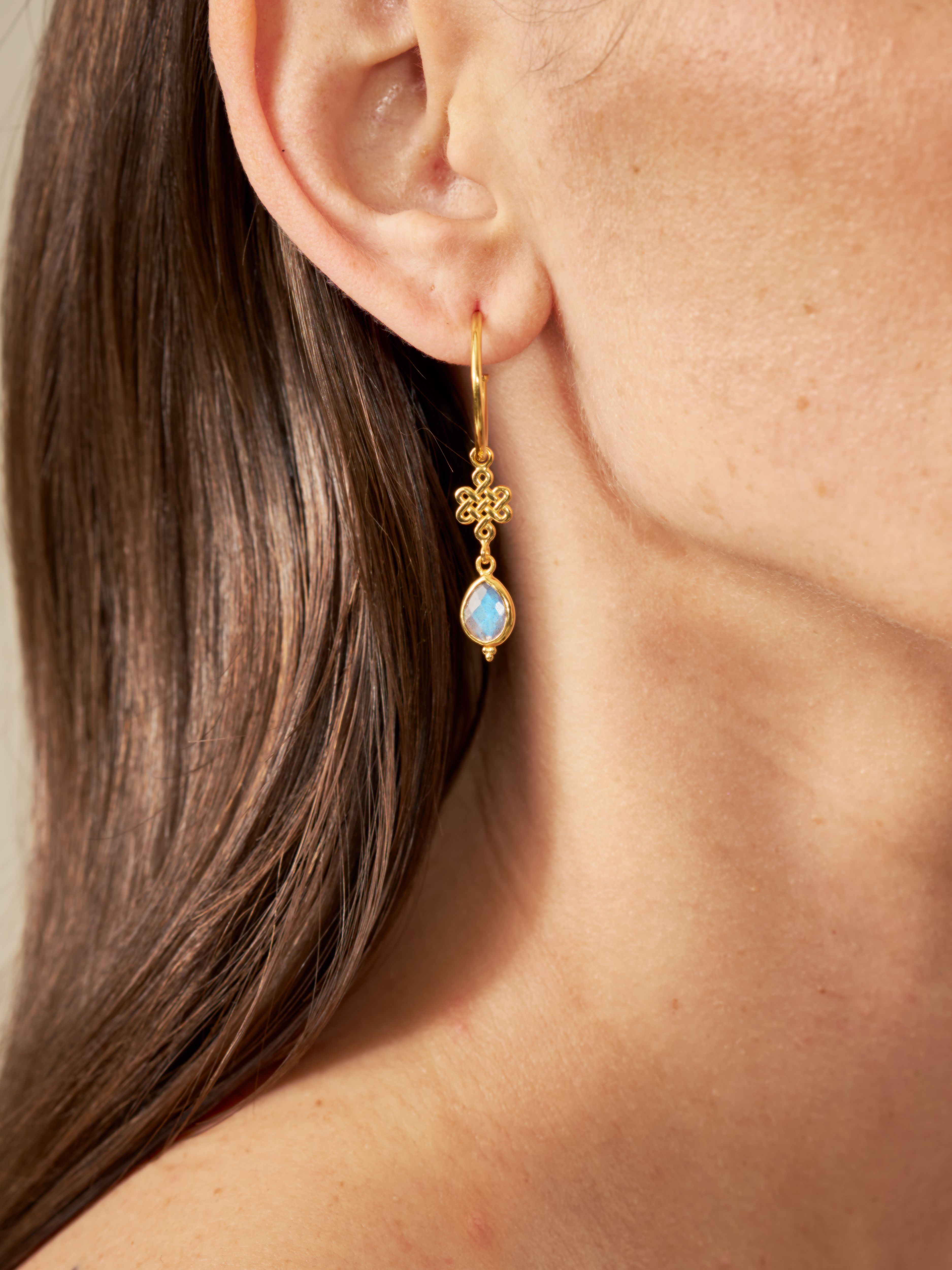 Labradorite Infinity Hoops Pendant Earrings Gold Plated Studio with Model and Product