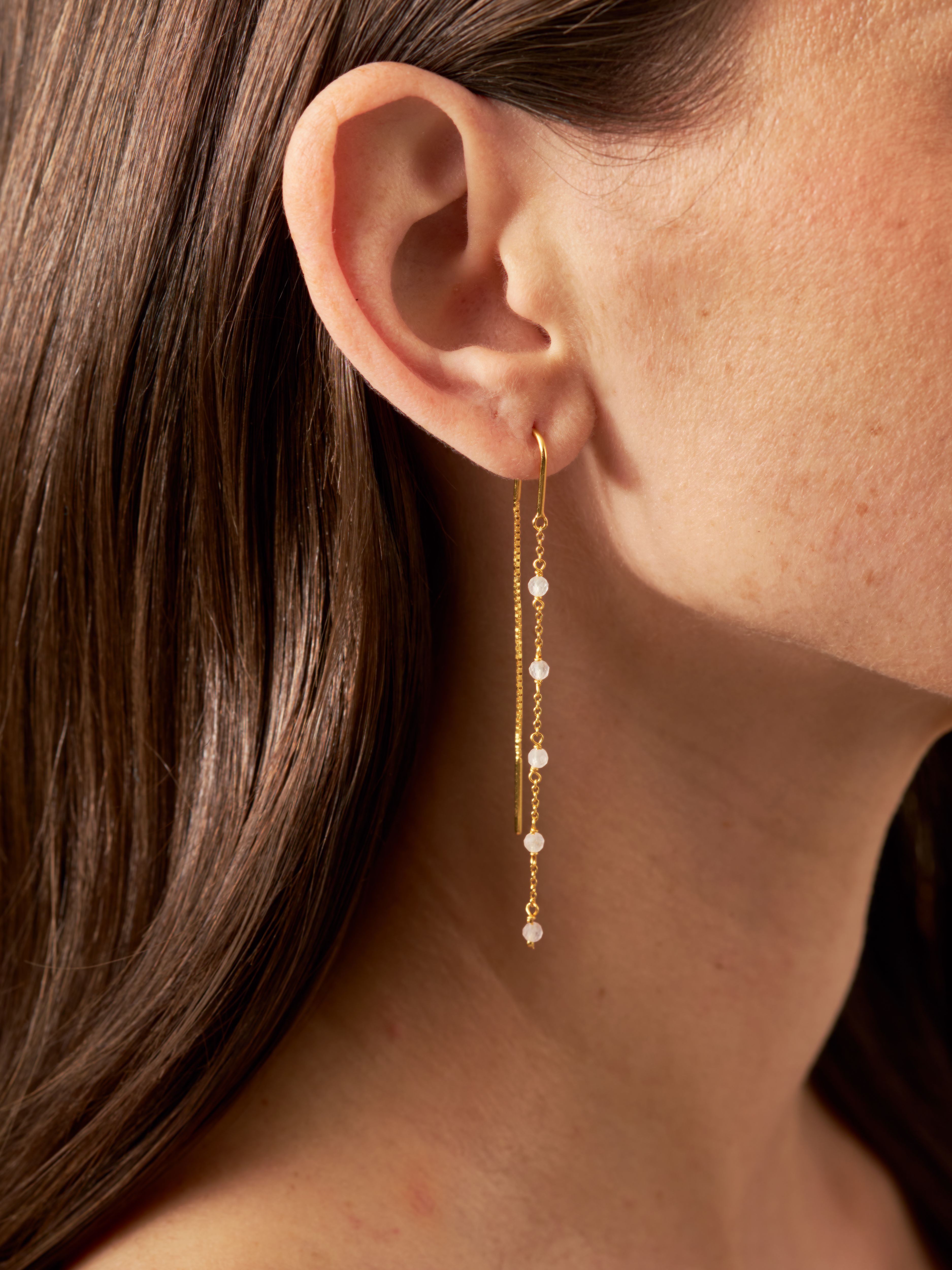 Rose Quartz Infinity Stone Chain Earrings Gold Plated Studio with Model and Product