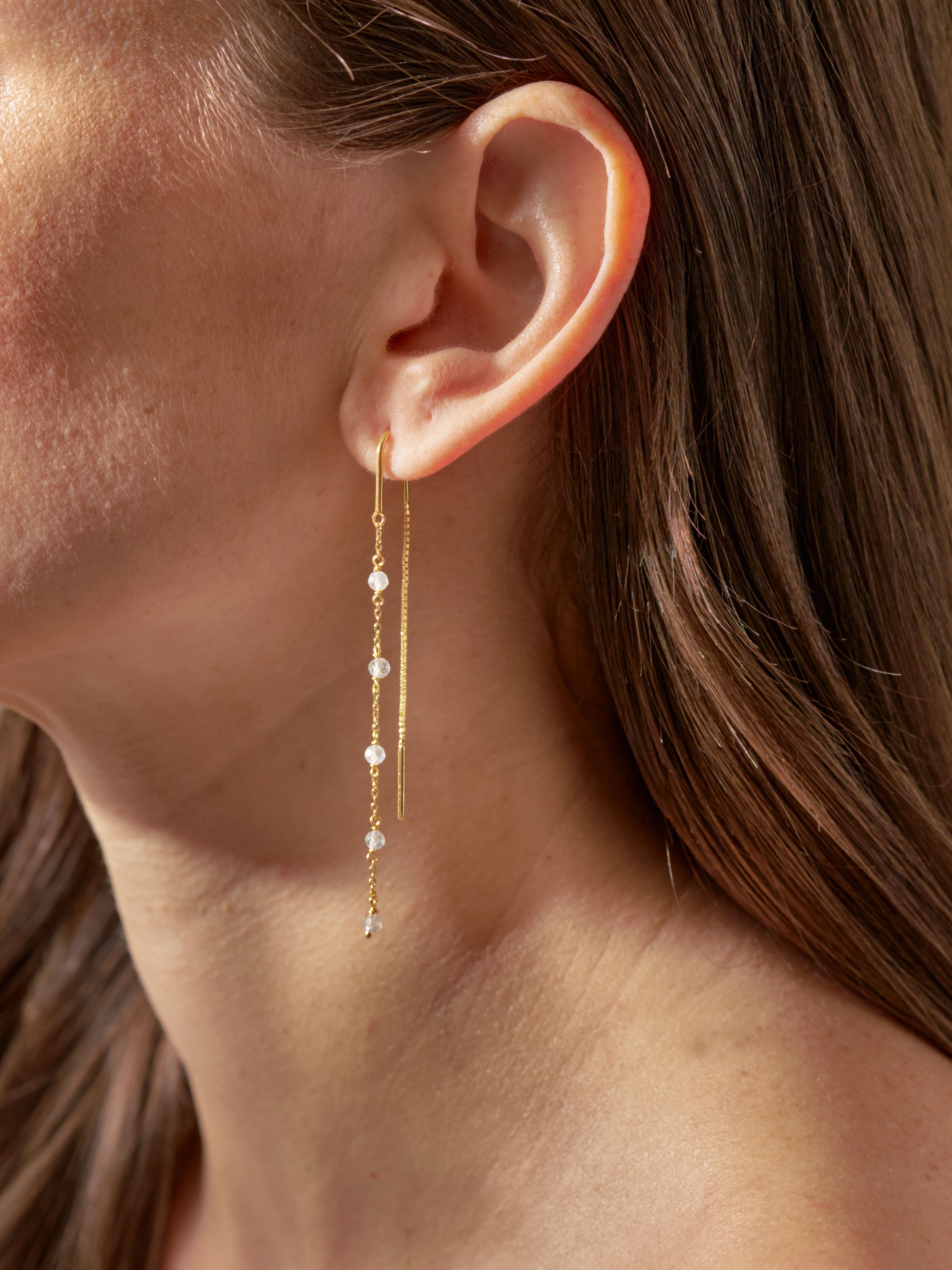 Labradorite Infinity Stone Chain Earrings Gold Plated Studio with Model and Product