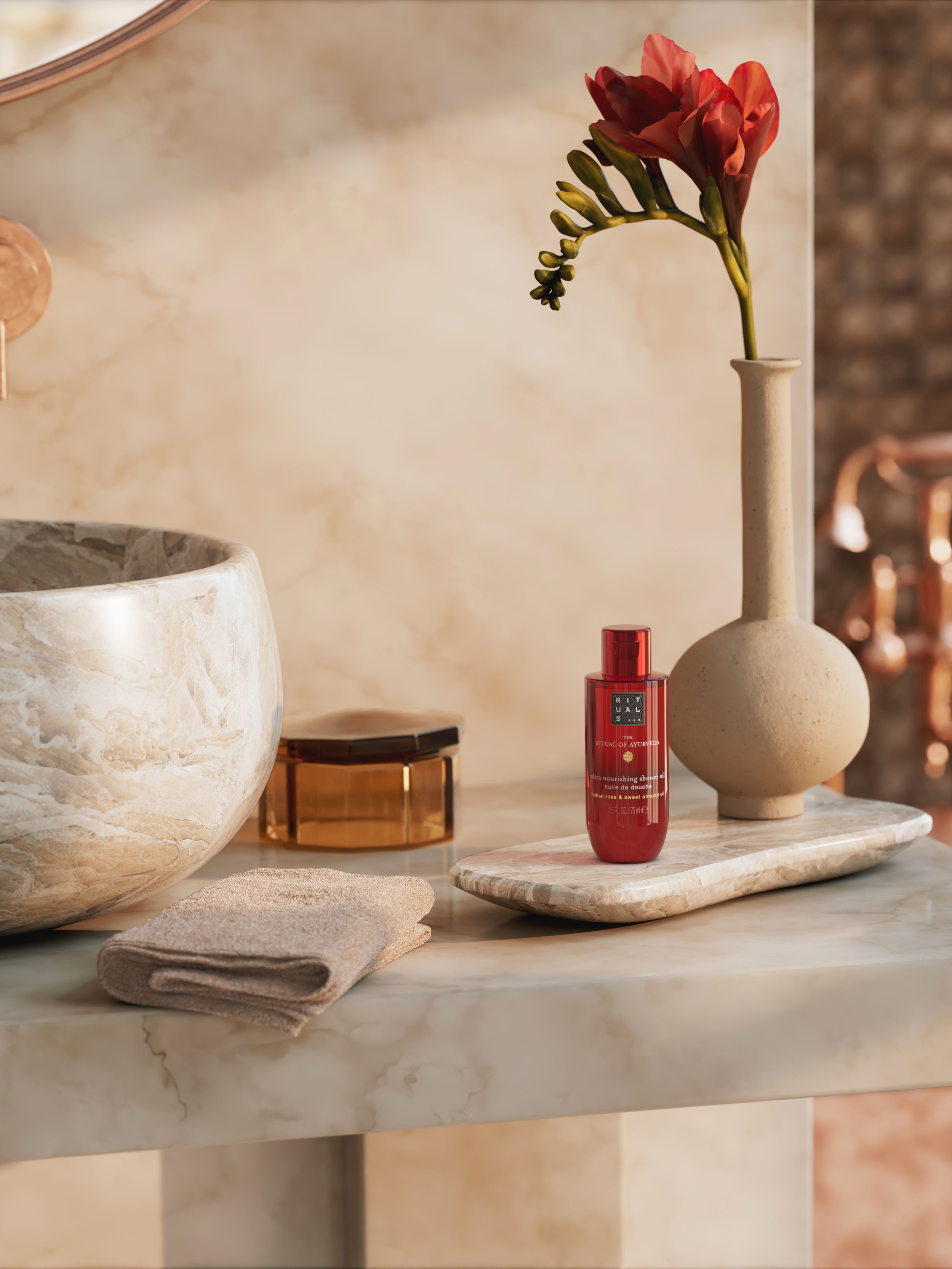 The Ritual of Ayurveda Shower Oil 75ml Lifestyle with Product