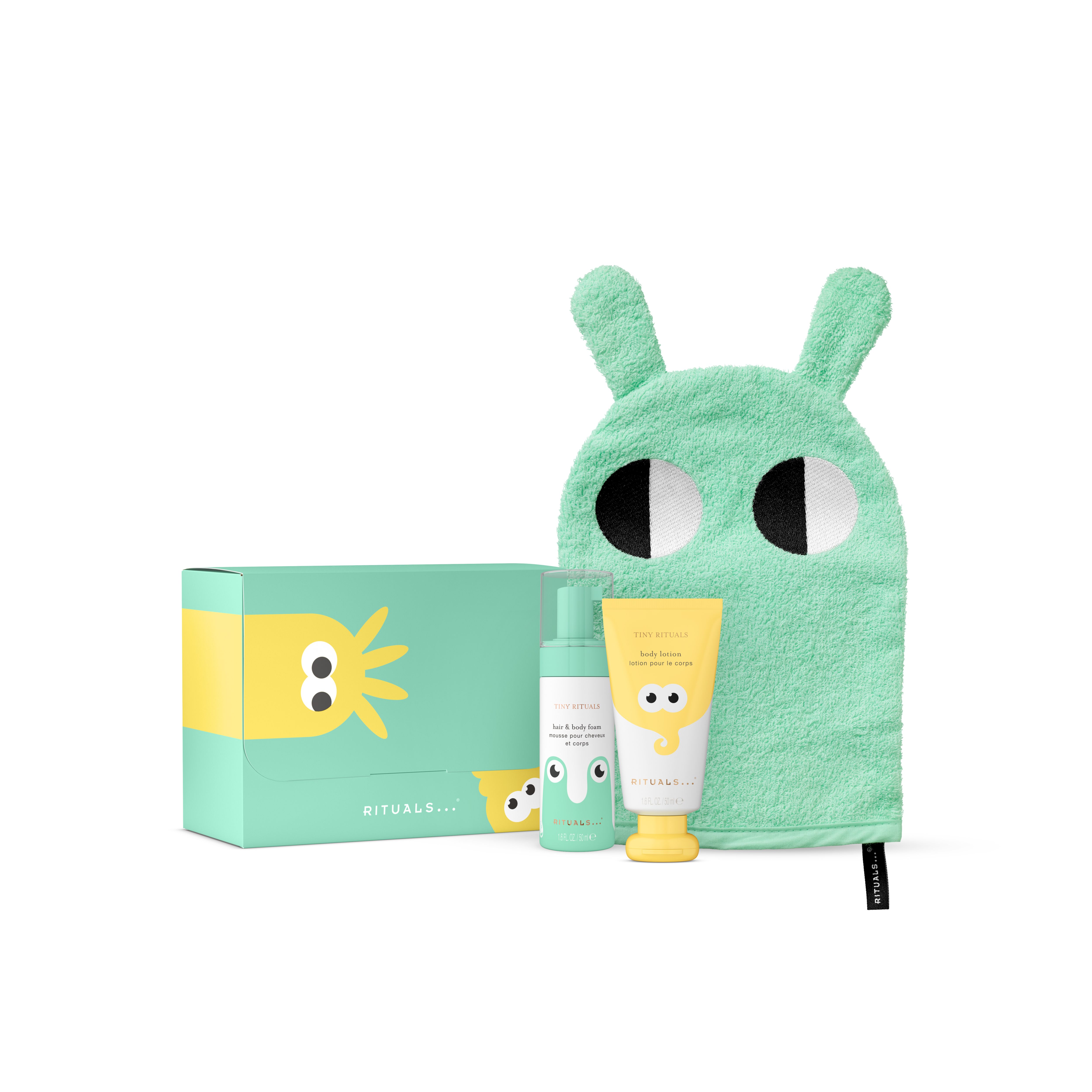 пяна за коса и тяло 50 мл, лосион за тяло 50 мл, кърпа за измиване, tinyrituals, Green, RITUALS