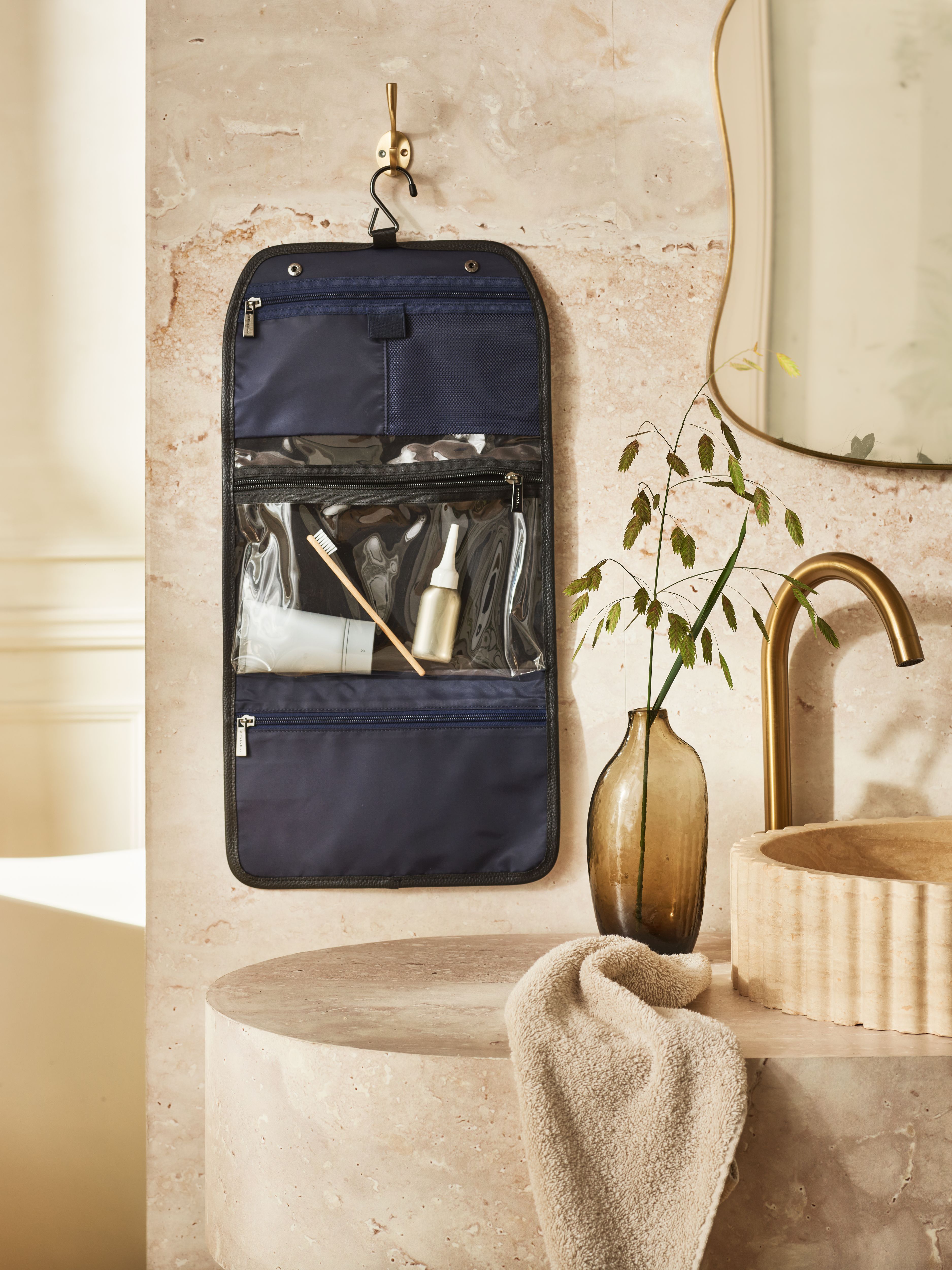 Toilet Bag Hanging Navy Lifestyle with Product