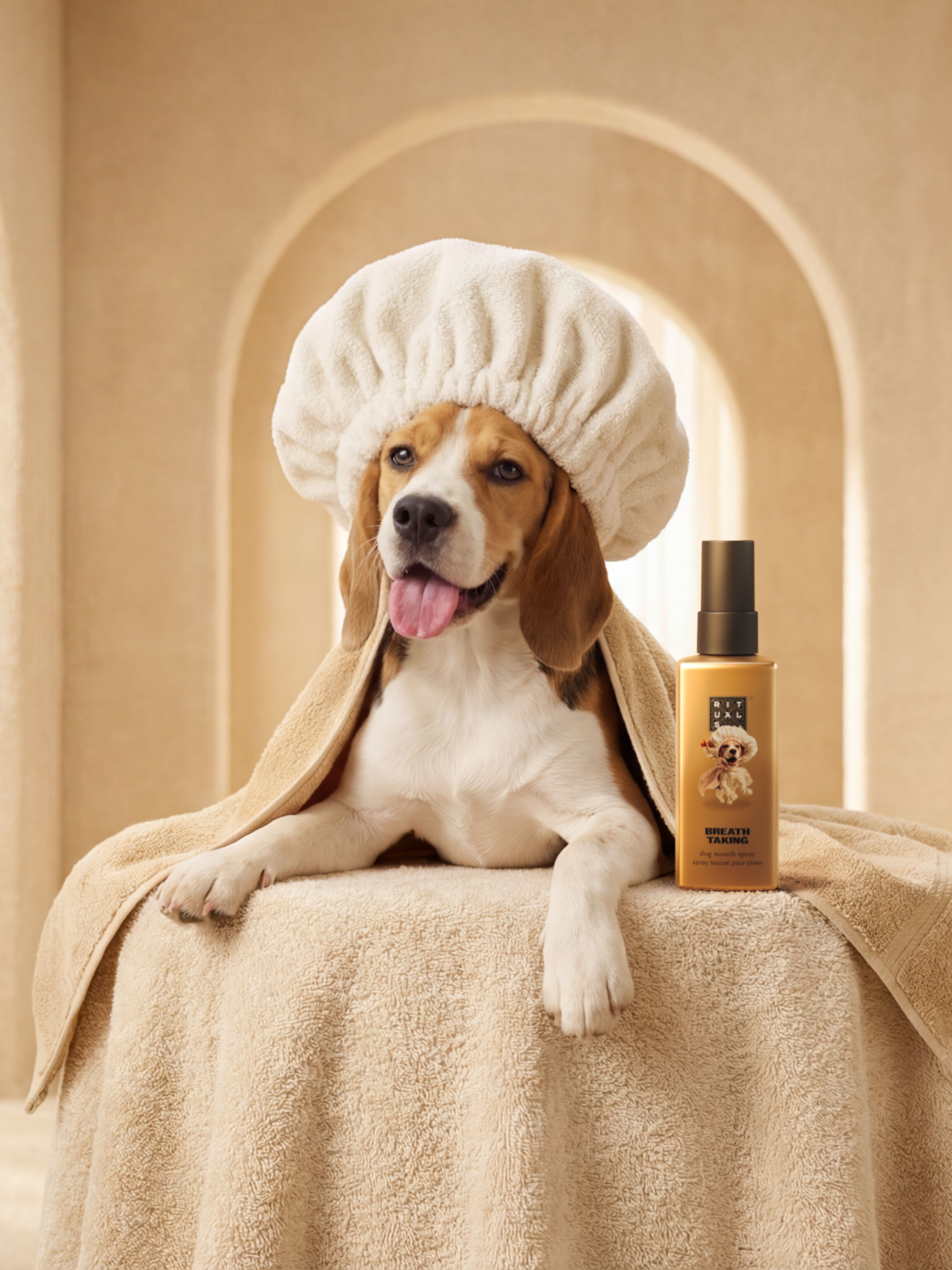 Dog Mouth Spray Lifestyle with Model and Packshot