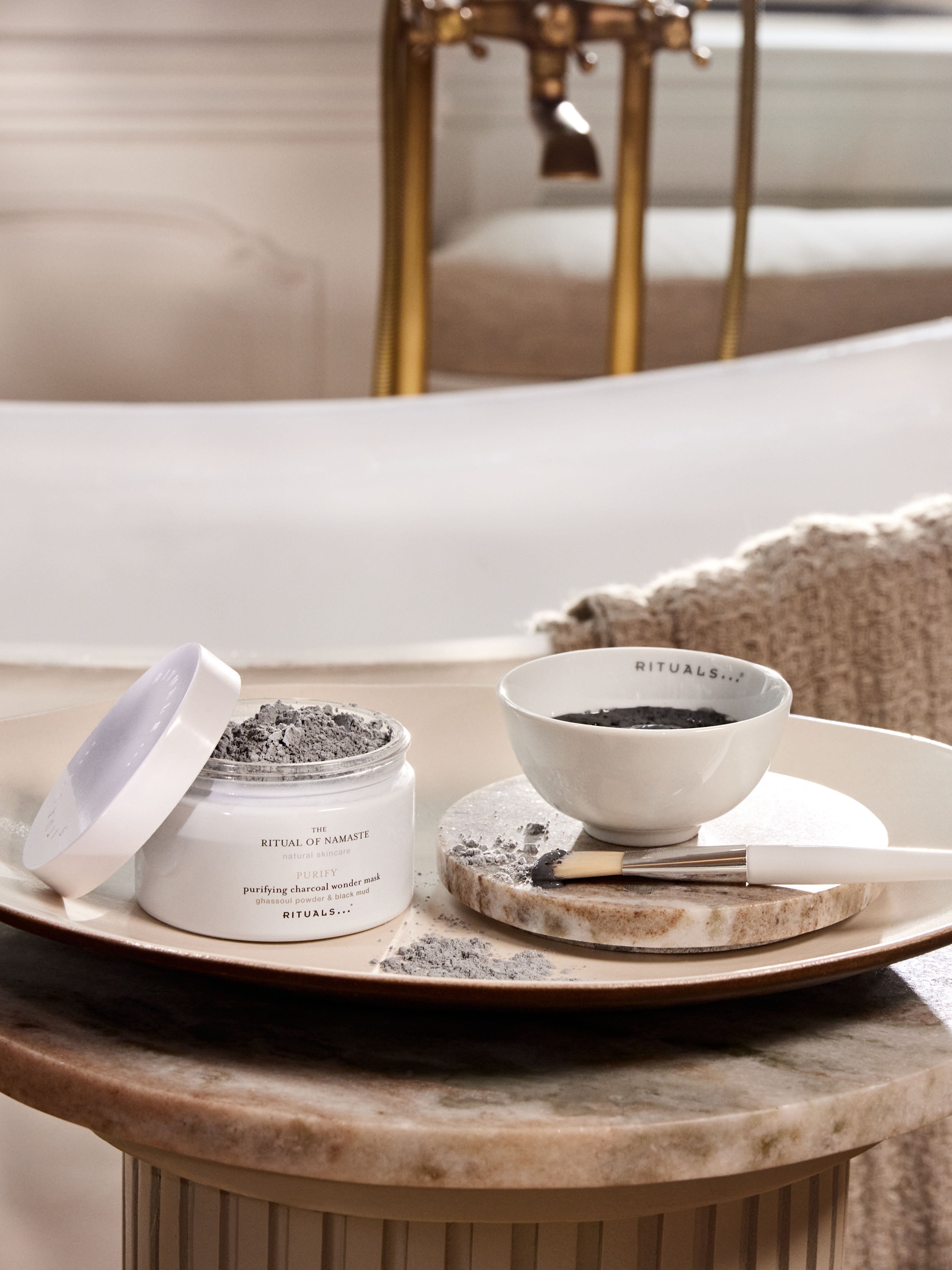The Ritual of Namaste Purifying Charcoal Wonder Mask Lifestyle with Product