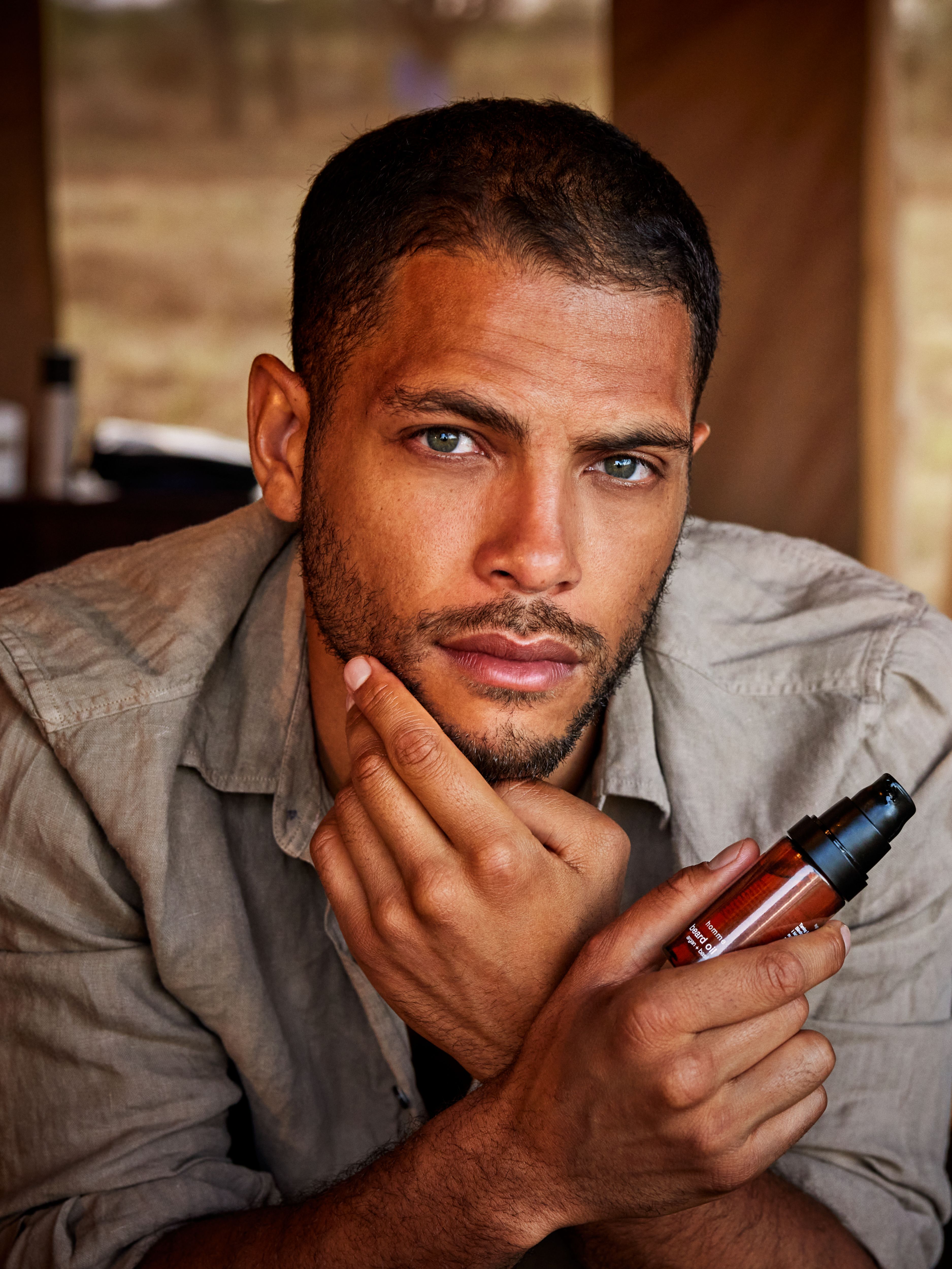 Homme Beard Oil Lifestyle with Model and Packshot